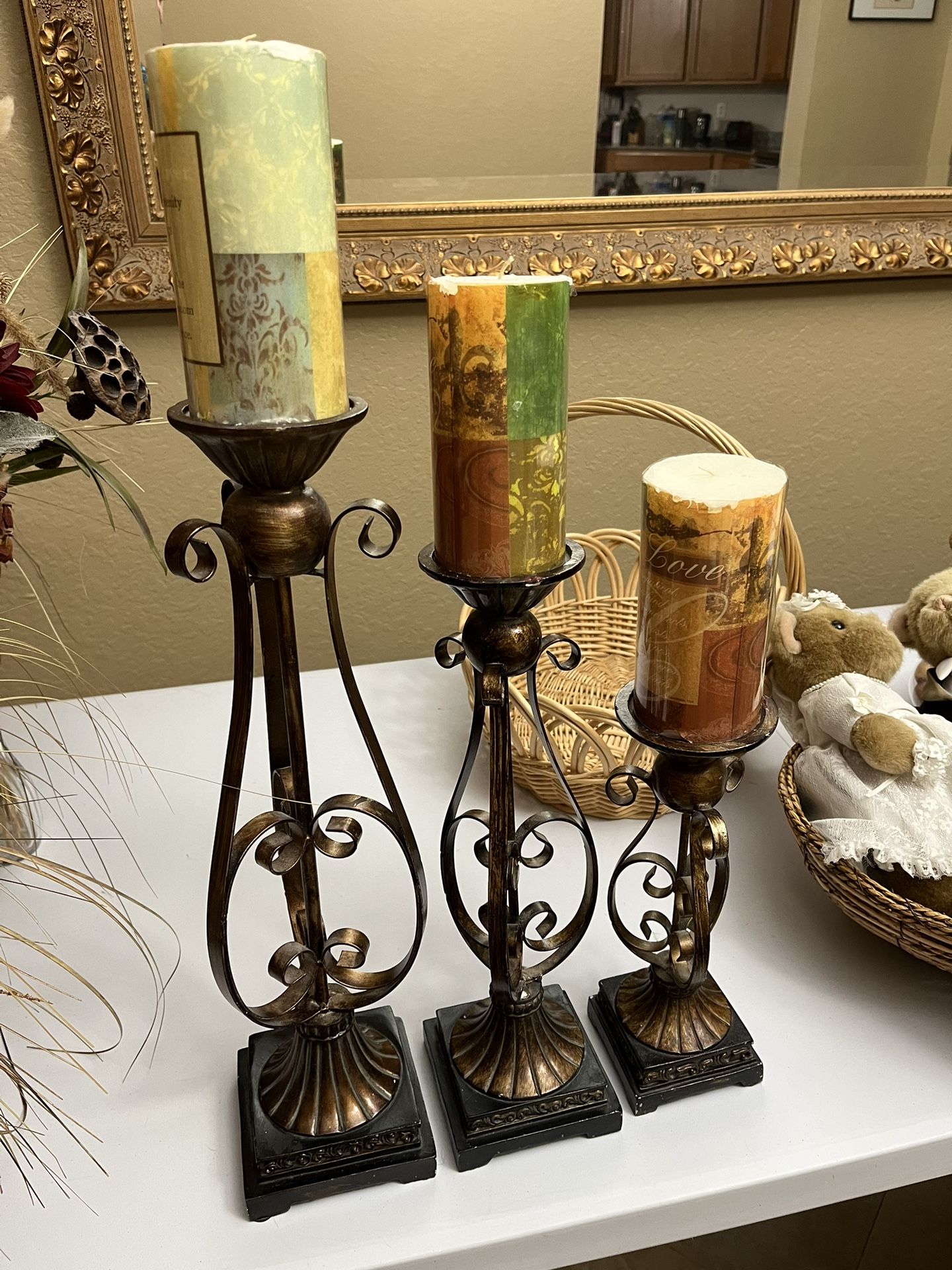 CANDLE HOLDERS AND CANDLES/ SET OF 3/ $20