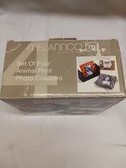 4 BRAND NEW COASTERS WITH ANIMAL PRINT DESIGNS AND PHOTOS CAN BE INSERTED