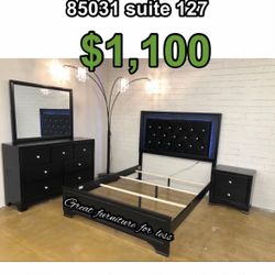 Queen Size Led Bedroom Set Black Include Bed Frame Dresser Mirror And Nightstand Brand New