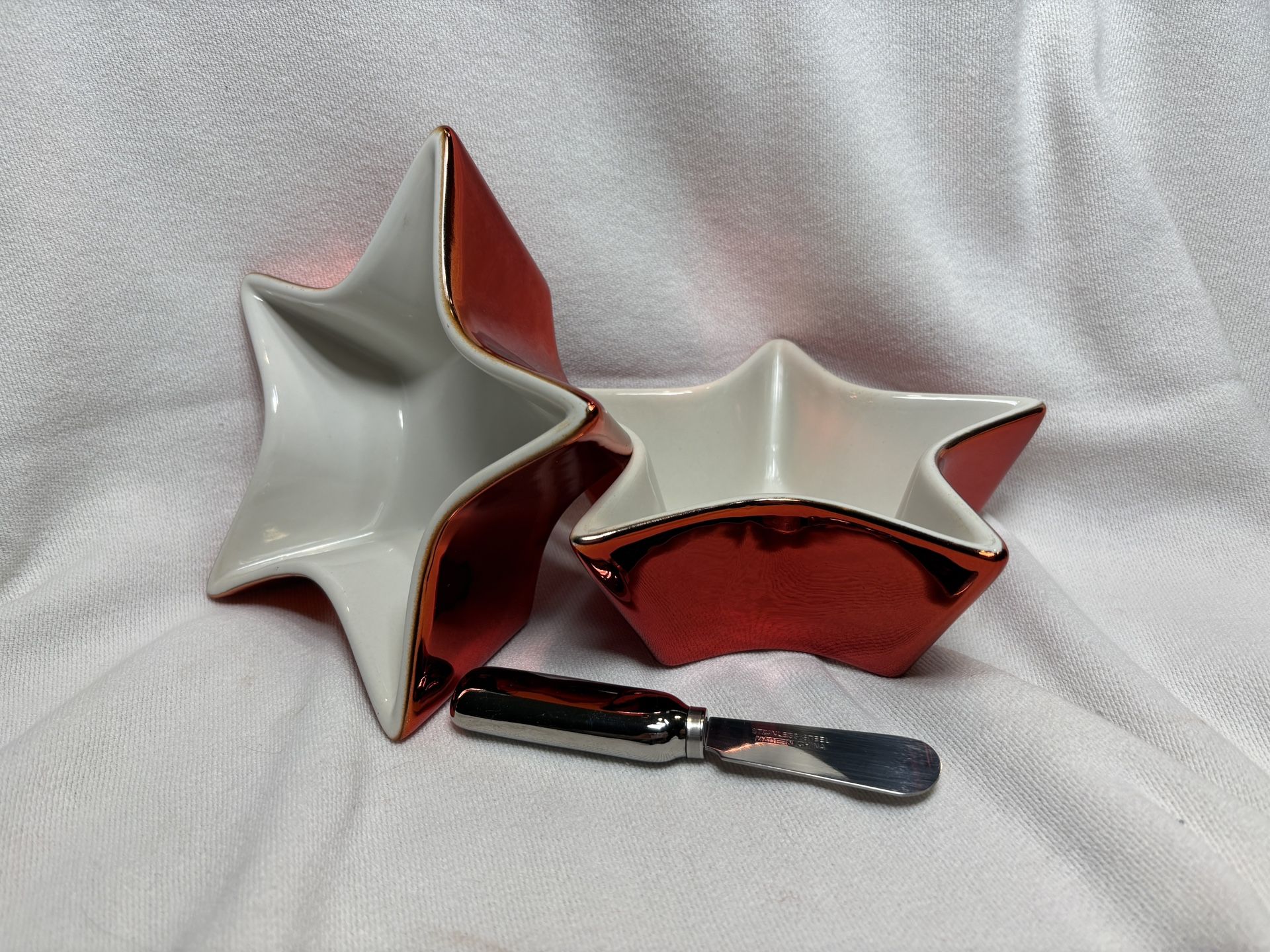 Two Red Star Shaped Bowls For Dip & Crackers
