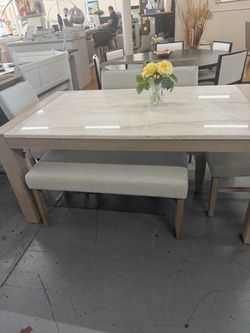 Dining Table with Marble Top and Bench