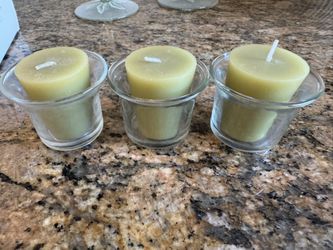 3 Green Candles In Glass Votive