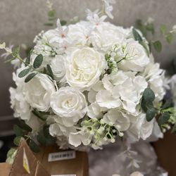 Wedding or Special Event White Artificial Flower Rose peony and Eucalyptus Flower Arrangement 