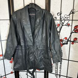 Wilsons Leather Women’s Jacket Coat Black Drawstring Snap Barn Chore Pockets
