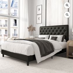 Full Faux Leather Upholstered Platform Bed Frame with Adjustable Headboard, Diamond Button Tufted Style, Black