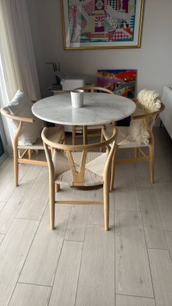 Cb2 Marble Top Dining Table And Four Wishbone Chairs