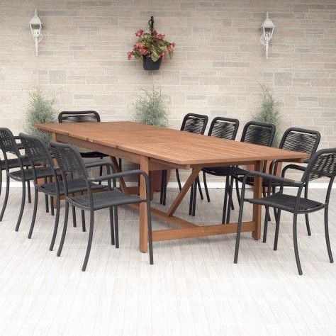 BRAND NEW FREE SHIPPING Rectangular Extendable Outdoor Furniture 11 Piece 100% FSC Certified Wood Whit Aluminum & Rope Chairs Dining Set