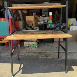 Industrial Wood & Metal Computer Desk w/ Shelf + Cable Management