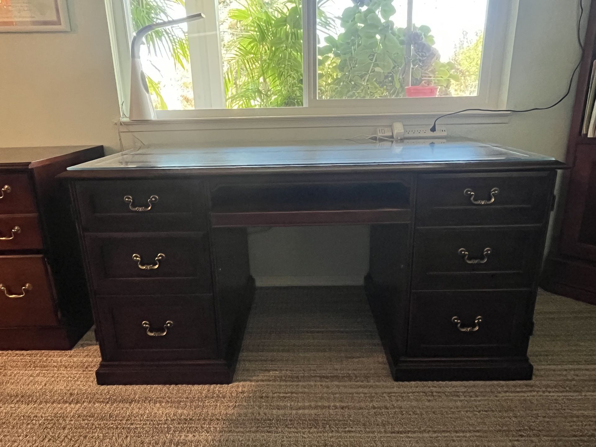 Stanley Executive Desk with Glass Topper and Matching Filing Cabinets