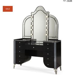 AICO Michael Amini Hollywood Swank Vanity and Mirror in Black Iguana