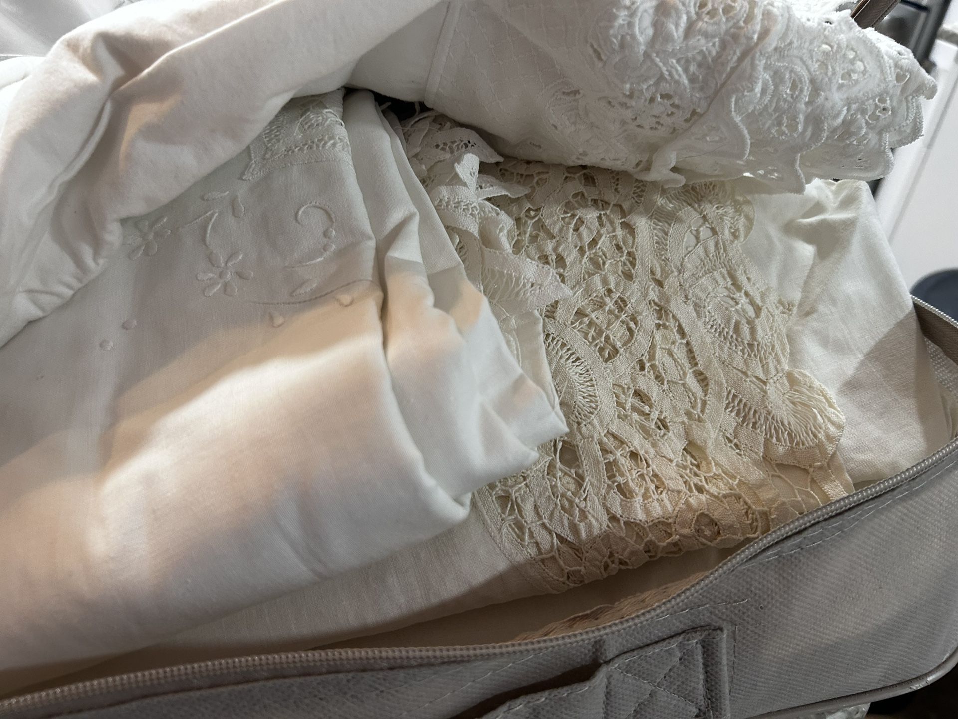 Antique Lace Table Cloths, Bedding, Doyle’s, Ect.