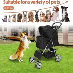 Foldable Pet Stroller, Cat/Dog Stroller with 4 Wheel, Pet Travel Carrier Strolling Cart with Storage Basket, Cup Holder (Black)