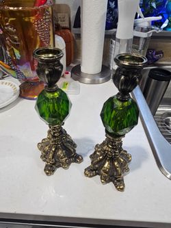Set of 2 Regency Hollywood Candlestick Holders Metal with Green Lucite