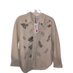 New Barbara Katz Top Size Medium  Button Down Shirt  White Floral Long Sleeve 