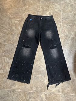 Black Distressed Rhinestone Wide-Leg Jeans