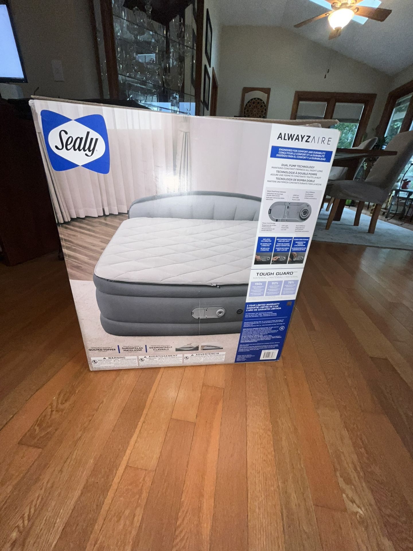 Brand new in the box Sealy Alwayzaire queen Air mattress. Tough guard, quilted topper Tested good Fits up to two adults USB port for phone or tablet c