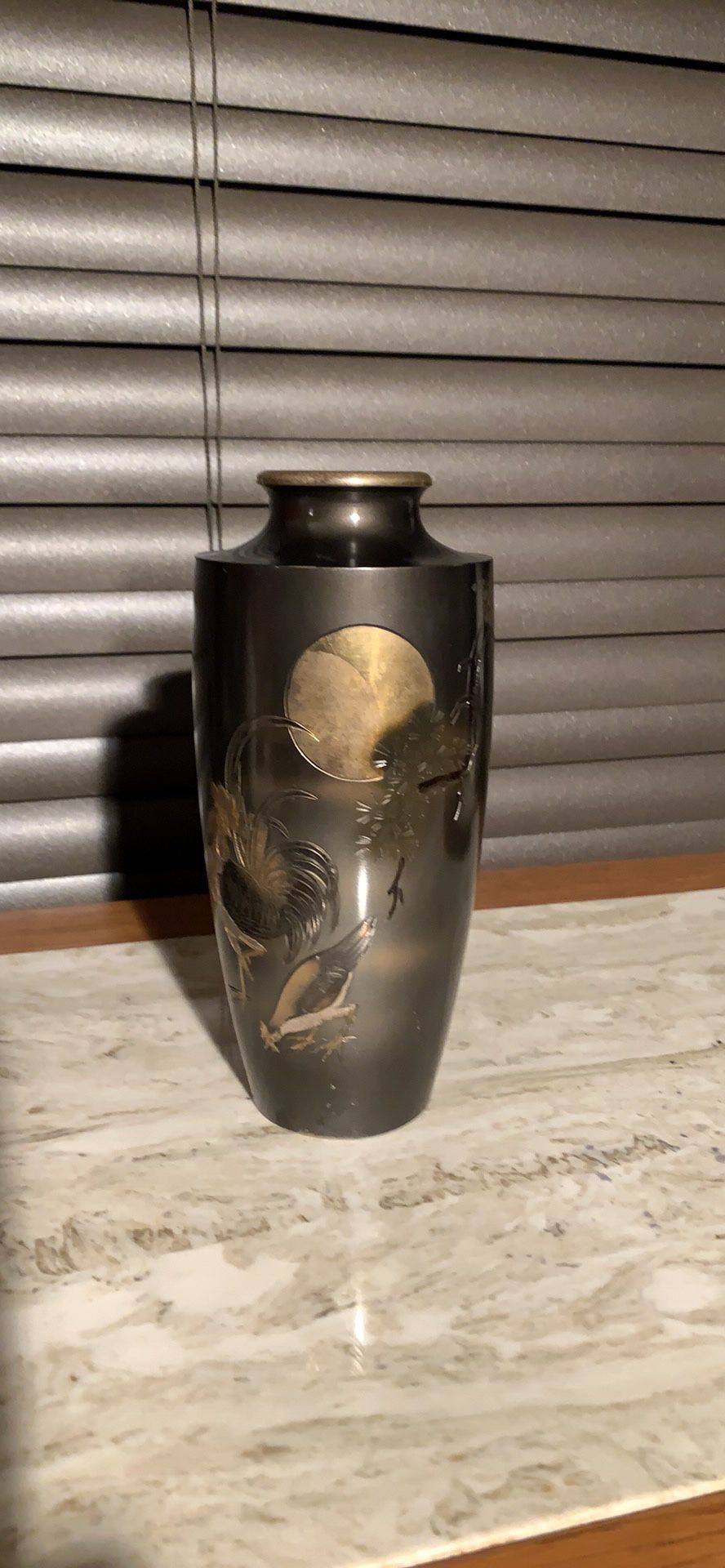 Metal Etched Vase With Several Inlaid Types Of A Moonlit Design
