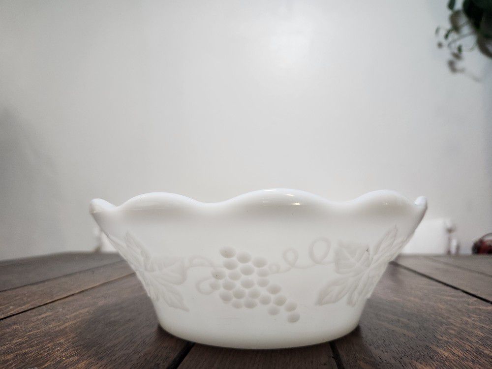 Antique Milk Glass Bowl with Grapes Design