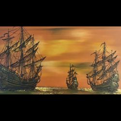 Amazing MCM Pirate Ship Vintage Drip Painting 