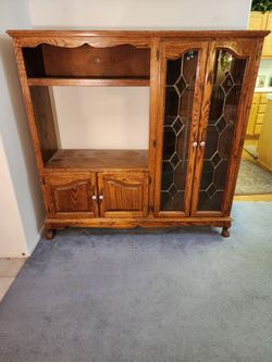 Vintage Solid Oak Entertainment Center with Glass Doors