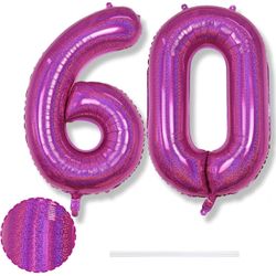 Giant 60 Number Balloons, 40 Inch Laser Hot Pink Foil 60 Balloons for Women Anniversary Decor, XXL Bright Pink Iridescent Helium Self Inflating Balloo