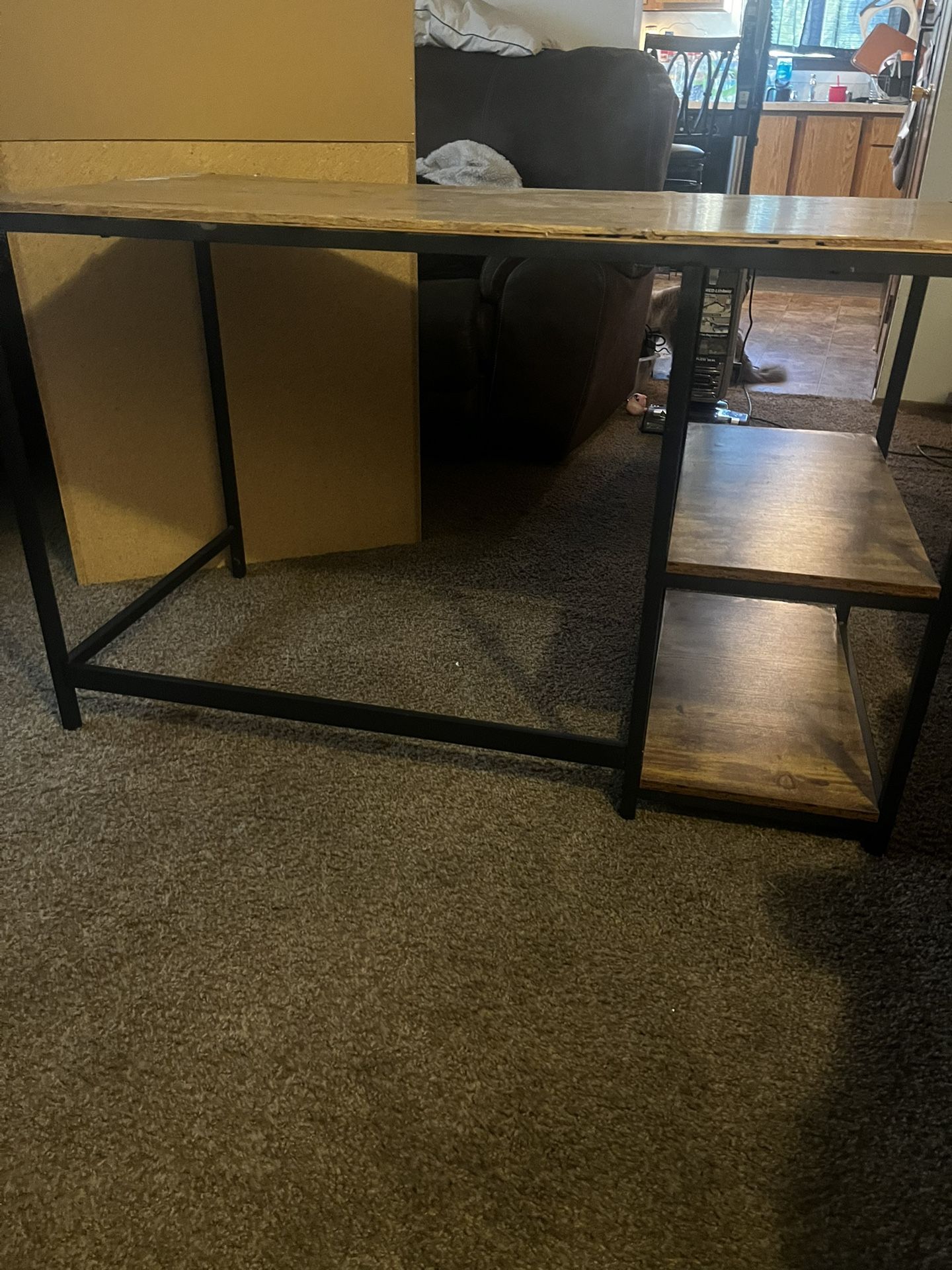 Modern Wooden Desk with Black Metal Frame and Shelves 