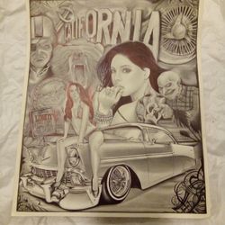 VINTAGE AZTEC JAIL ART GRAPHITE ON PAPER DRAWING