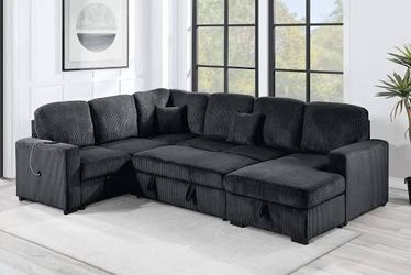 New Corduroy Sectional With Storage. Grey / Black. 92x120x61x36H. Free Delivery!