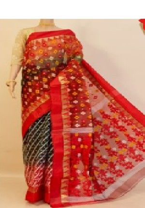 New With Tag Beautiful Black & Red Bengal Pure Handloom Cotton Jamdani Saree