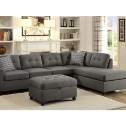 New Reversible Sectional.  Grey Fabric.  79 X 110 X 34H.  Free Delivery!