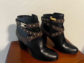 Michael Kors Kincaid Studded Logo Leather Ankle Boots Black Brown