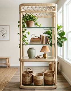 Boho Bamboo & Rattan Etagere Display Shelf – Natural Coastal