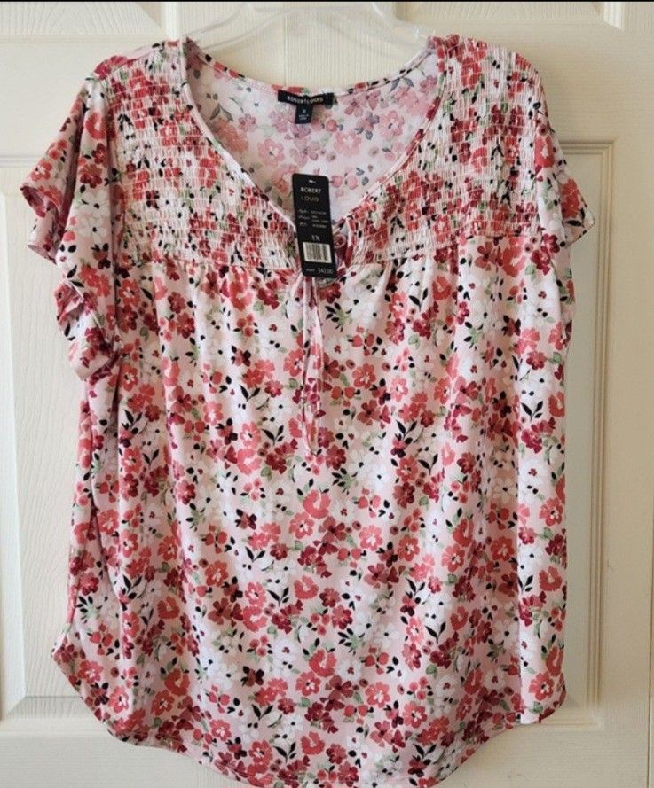 Robert Louis Womens Floral Blouse 1X Polyester & Spandex Pink/Coral NWT