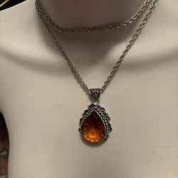 Big SS Amber Topaz Antique Design Pendant On Chain