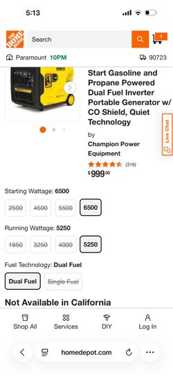 6500-Watt Recoil Start Gasoline and Propane Powered Dual Fuel Inverter Portable Generator w/ CO Shield, Quiet Technology like new $899