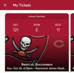 Two Buccaneers Vs Bears Tickets  Section 121 Row E