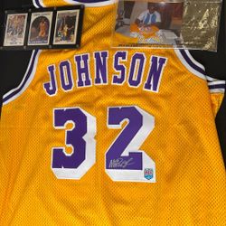Magic Johnson Autographed and Framed Yellow Lakers Jersey Authenticated And Physical Proof Photo