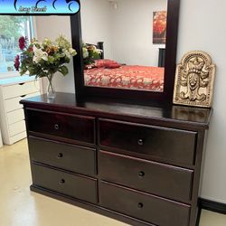 Cherry Six Drawer Pinewood Dresser With Mirror New Comoda Cherry 