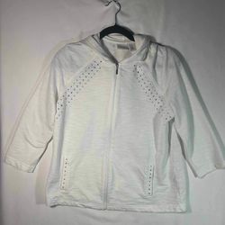 Weekends Chicos White Full Zip Stretchy 3/4 Sleeve Jacket Sweatshirt 