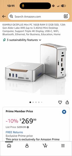 KAMRUI GK3PLUS Mini PC 16GB RAM 512GB SSD, 12th Gen Alder Lake-N95 (up to 3.4GHz) Mini Desktop Computer, Support Triple 4K Display, USB-C, WiFi, Bluet