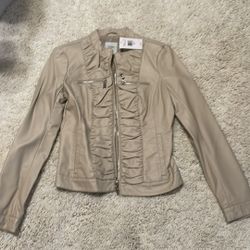 New Guess Womens Jacket coat fake leather nude cream beige silver small ruching 