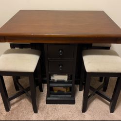$100 OBO Wooden Table With Stools, Drawers, And Wine Storage