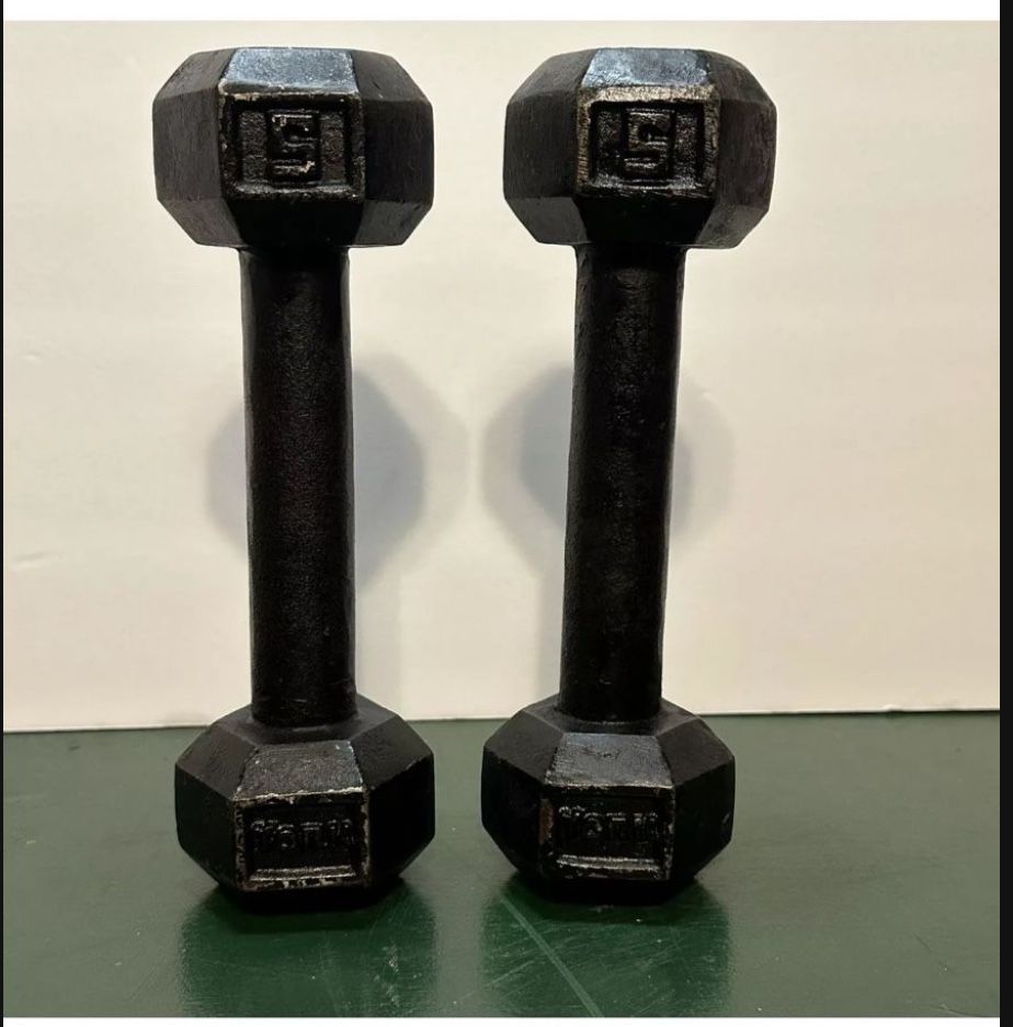 Vintage Pair Of York Dumbbell Weights 5 Lb Cast Iron Metal Black USA Hex End