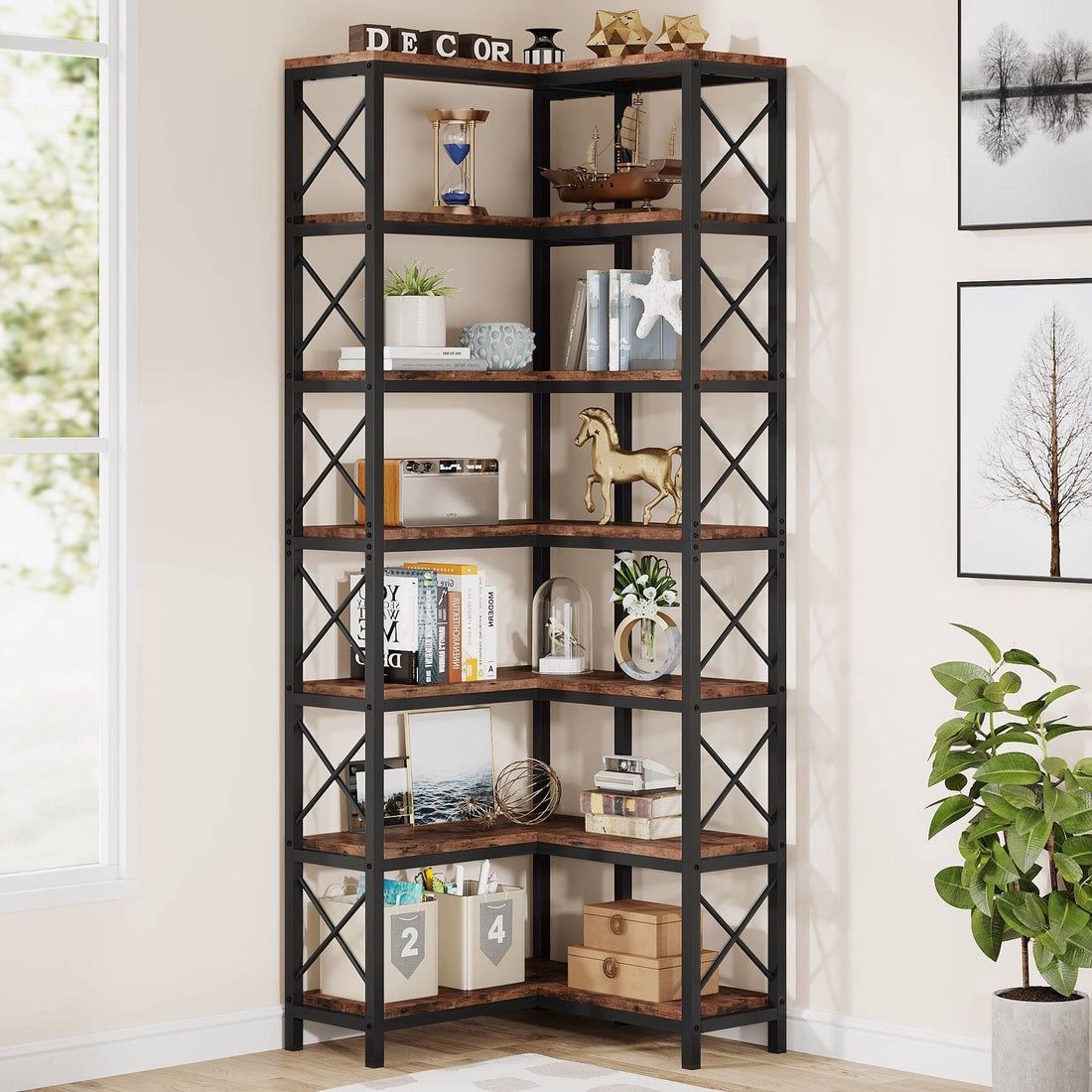 7-Tier Corner Bookshelf Corner Bookcase Storage Display Rack  Striking Design - This 7-shelf bookshelf, with a rustic black frame and X-ba