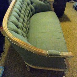 Loveseat Vintage Victorian Style In Seafoam Green And Wood EXCELLENT NEAR NEW CONDITION