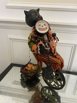 Vintage-Style Halloween Cat on Bicycle – Whimsical Folk Art Decor