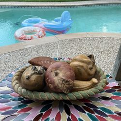 Vintage Mid-Century Modern Hand-Painted Clay Fruit in Braided Bowl Set