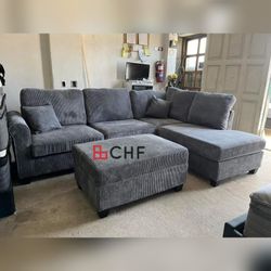 Corduroy 3 Pc Sectional Sofa With Ottoman