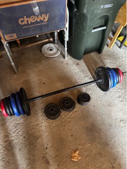Weider Barbell  Cast Iron Weight Plates and Olympic Bar and plastic Weights