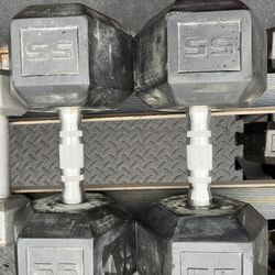 55lb Hex Rubber Dumbbell Set Weights 
